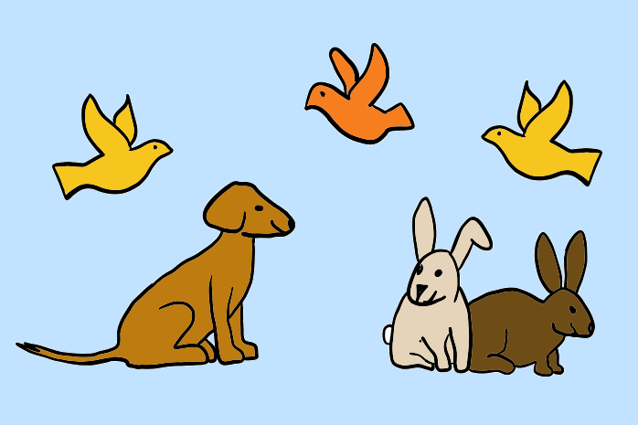 Kindertagespflege Farbenzwerge - tierisches Team Ein brauner Hund sitzt neben zwei Kaninchen, während Vögel darüber fliegen.